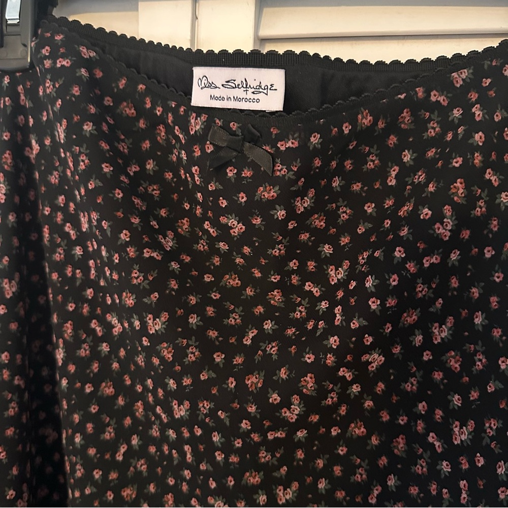 Miss Selfridge Black Midi Skirt with Pink Floral Design